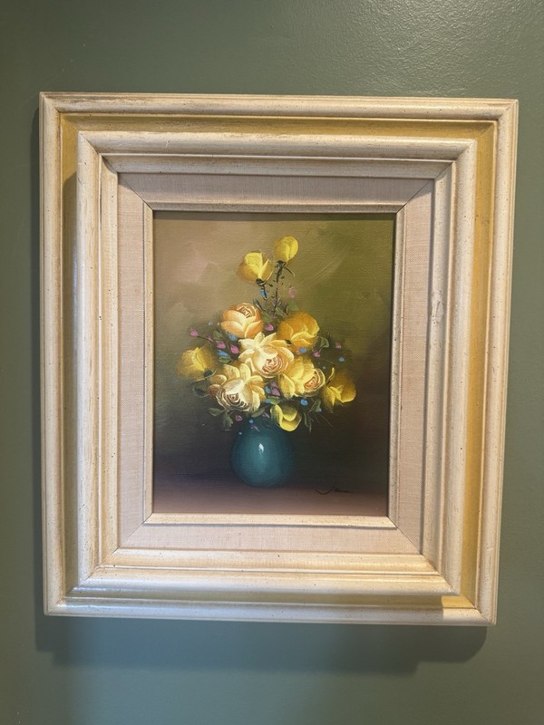 Vintage Framed Oil Painting Artist Signed Still Life Yellow Rose Bouquet