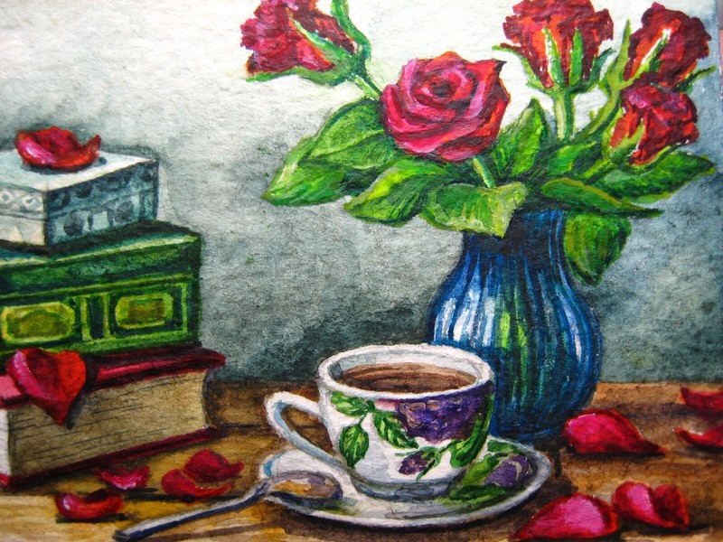 Watercolor Painting Still-life Bouquet Roses Cup of Tea ACEO Art