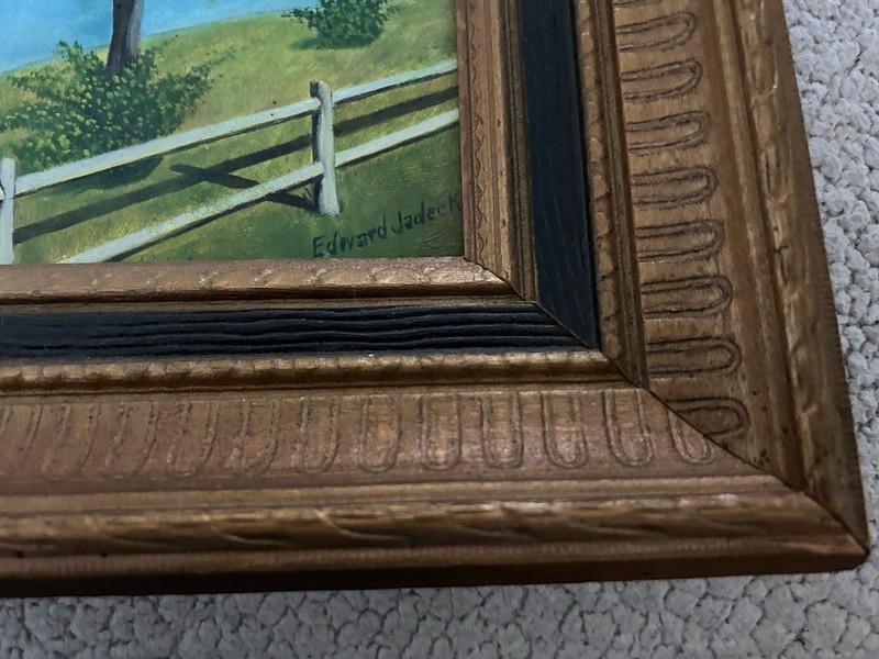 Vintage Oil Painting Waterlily pond statue and garden gate canvas signed framed gallery