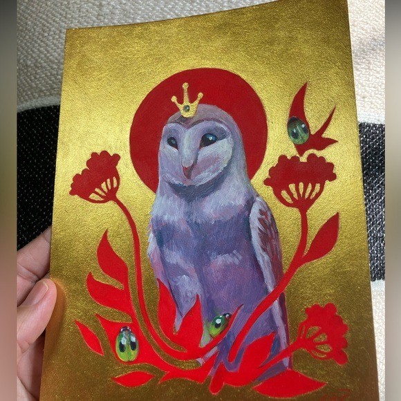 Owl Original painting Surreal Nouveau ladybugs Red moon Gold Accents Artettina