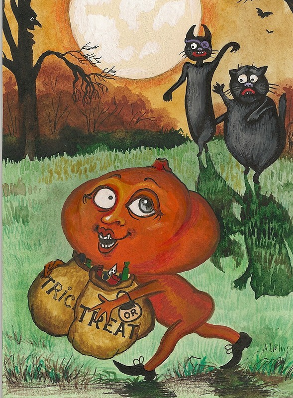5X7 PRINT of HALLOWEEN PAINTING RYTA FOLK BLACK CAT PUMPKIN Trick or Treat Art