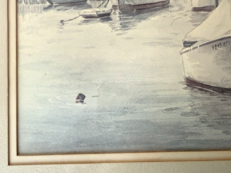 Old Watercolor Winter Marina Boat Signed Maurice Day (1893-1983) Framed 21x28” gallery