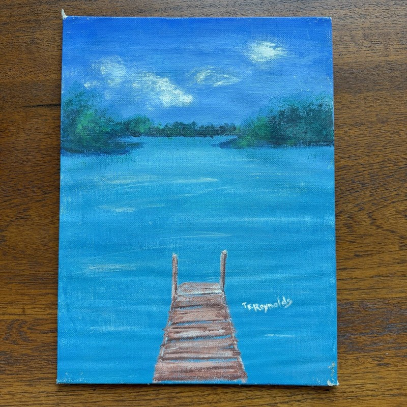 TE Reynolds Lakeside Dock Acrylic Painting 9×12 Vintage