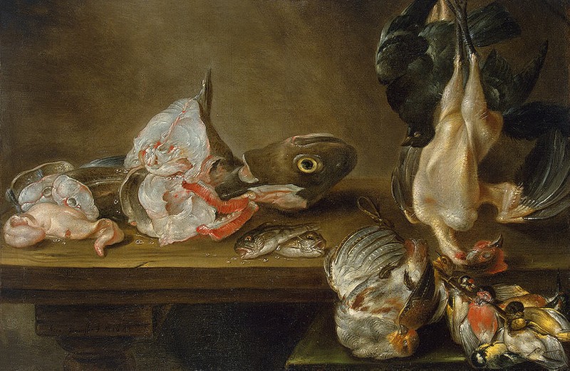 Oil painting still life on table canvas Fish-and-Dead-Game-Adriaenssen-Alexander