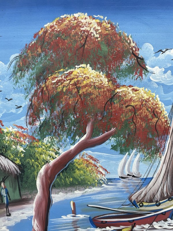 Original Haitian oil hand painting 21”x 24” vibrant ocean sailboat village land gallery