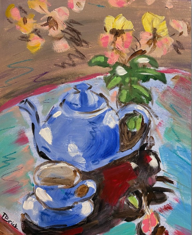 Teapot and Flowers Painting Original Impressionist Tea Still Life Artwork gallery