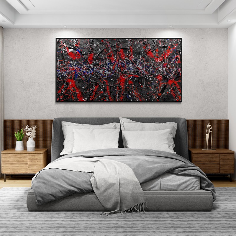 XXL Jackson Pollock Style Black & Red Abstract Canvas - Handcrafted Art - 78x39 gallery