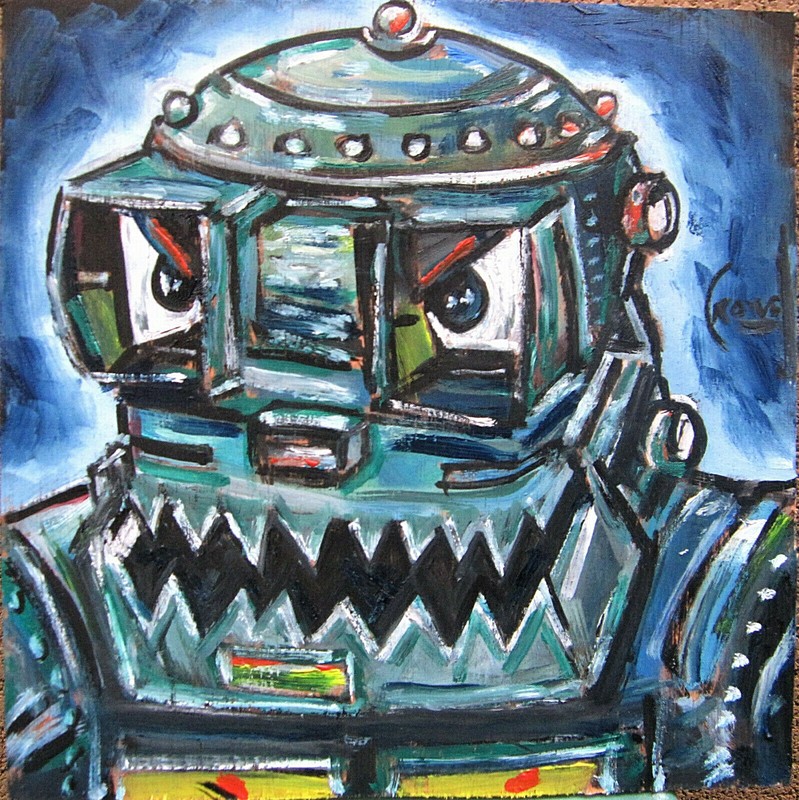 BAD ROBOT 8x8 WOOD NEW retro mech art oil painting WOW original signed CROWELL