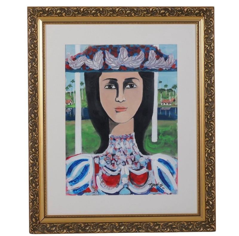 Pedro Ortiz 20thC Original Gouache Painting Woman Portrait Framed Art Home Decor