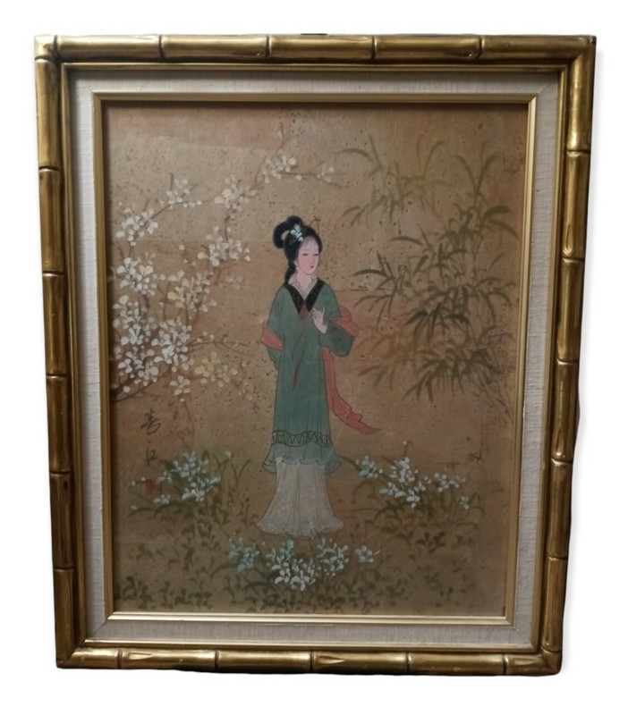 PAIR JAPANESE GEISHA WOMEN AND GARDEN PAINTING SIGNED gallery