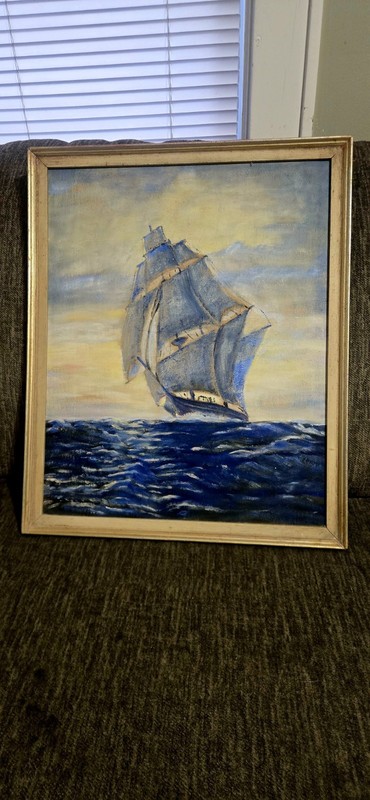 Vintage Framed Sailing Ship Seascape Oil Painting Coastal Wall Art Blue Ocean gallery