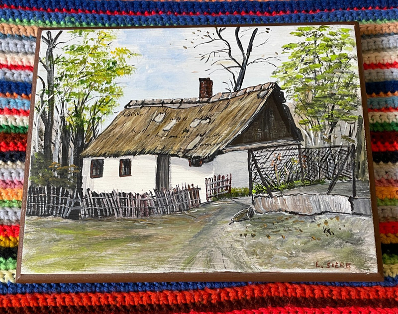 Vintage Original Oil Painting Cottagecore Farmhouse Village Cottage 10×8 E Sierk