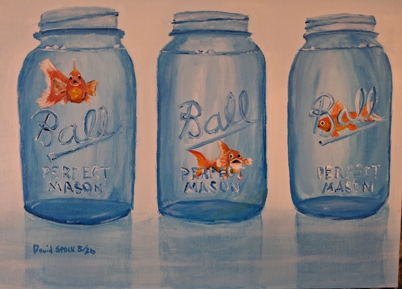 Three Goldfish Ball Jar Unframed Signed David Stock Original Art Painting 11x14 gallery