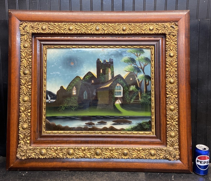 Vtg Church Stained Glass NICE Reverse Painting Ornate Victorian Oak Canvas Frame