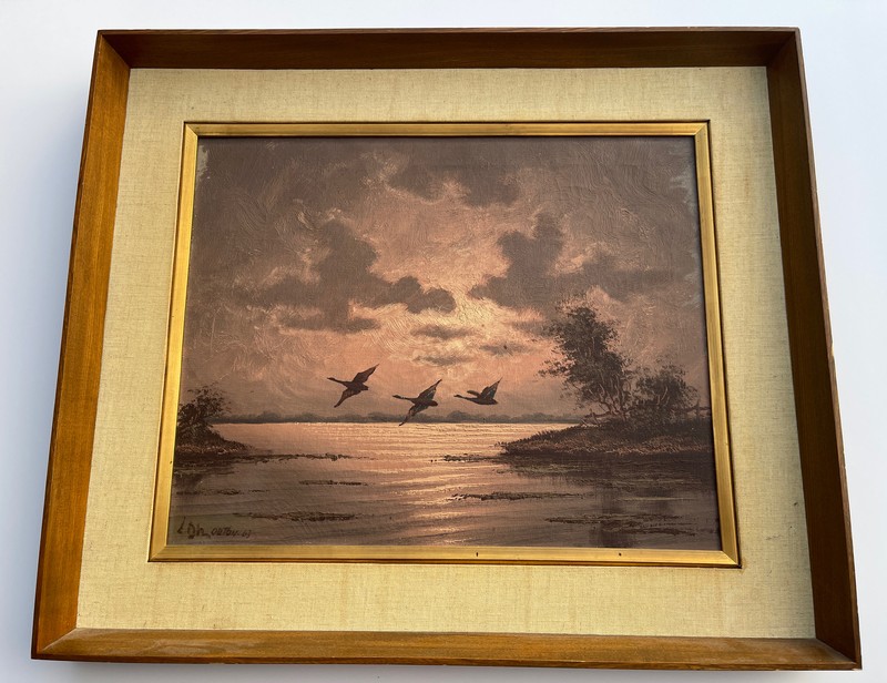 Sunset Evening Painting Landscape Water Flaying Birds Signed 1960’s Mystery Oil