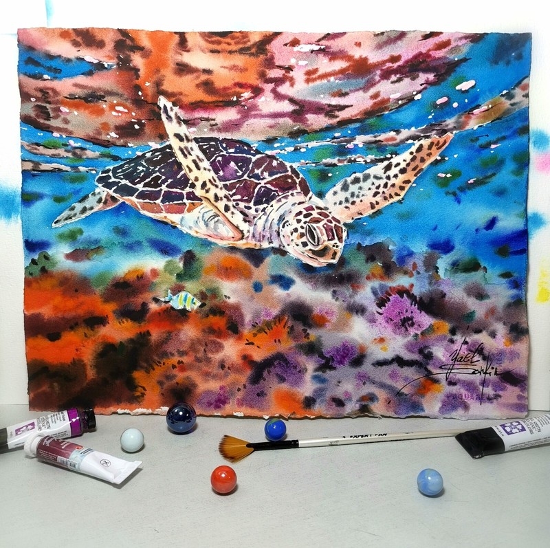 Original watercolor painting Sea turtle painting Undersea world artwork 11"x15" gallery