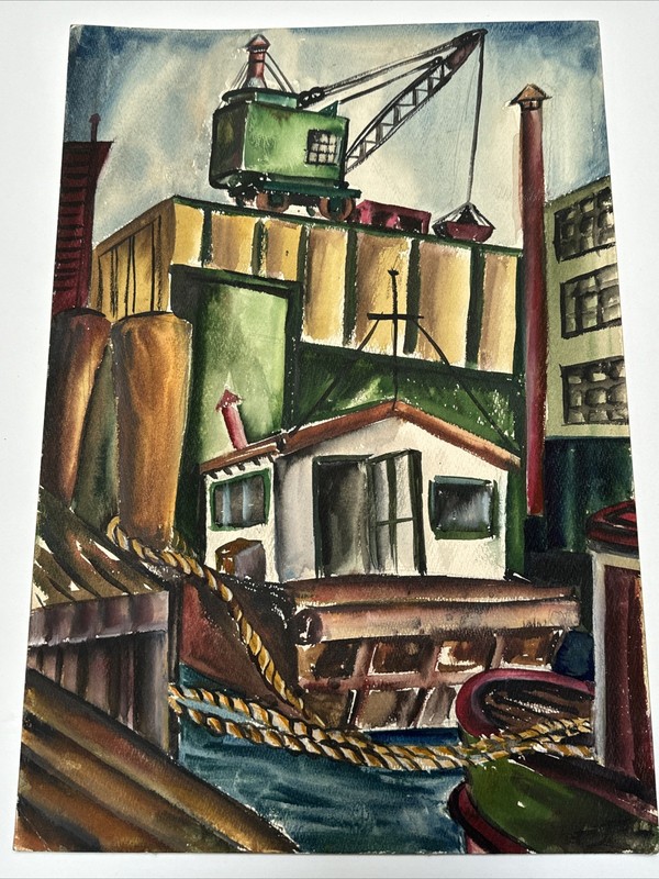 Antique Painting Factory Industrial WPA Era Sylvia Ludins Landscape American