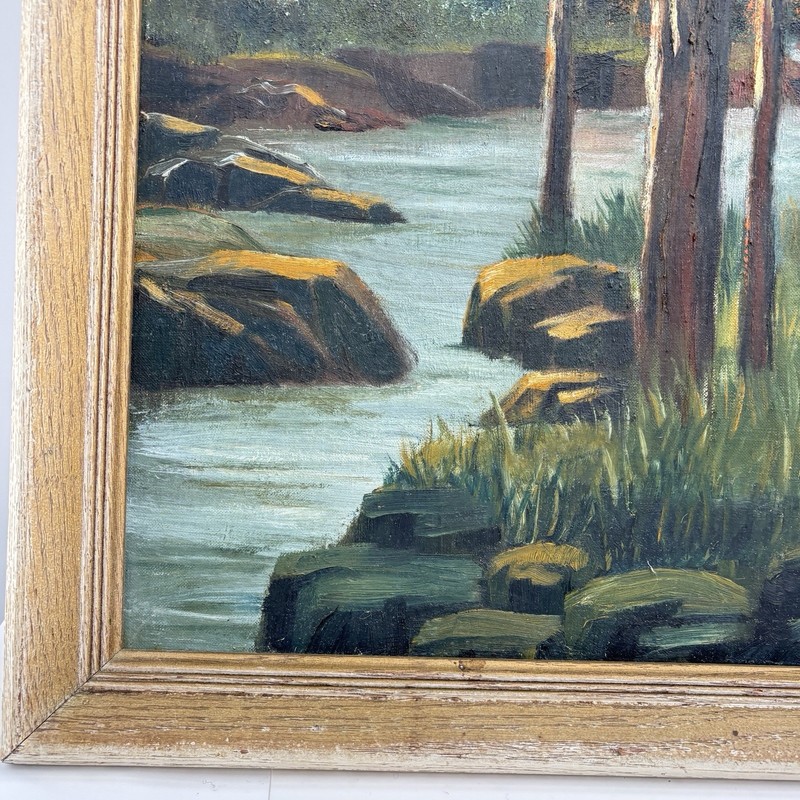 Vintage Landscape Painting River Pines Mountain Moody Oil Style Framed 21x27 gallery