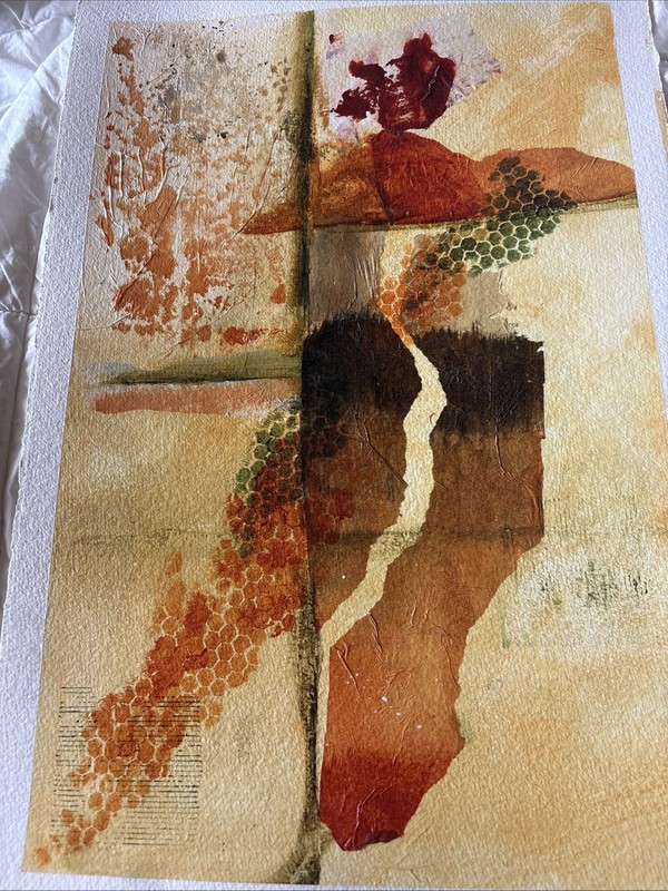 Arcylic Oil? PAINTING Golden Textured Mcm Man Walking Vtg 15.3/8”x 22.3/8”