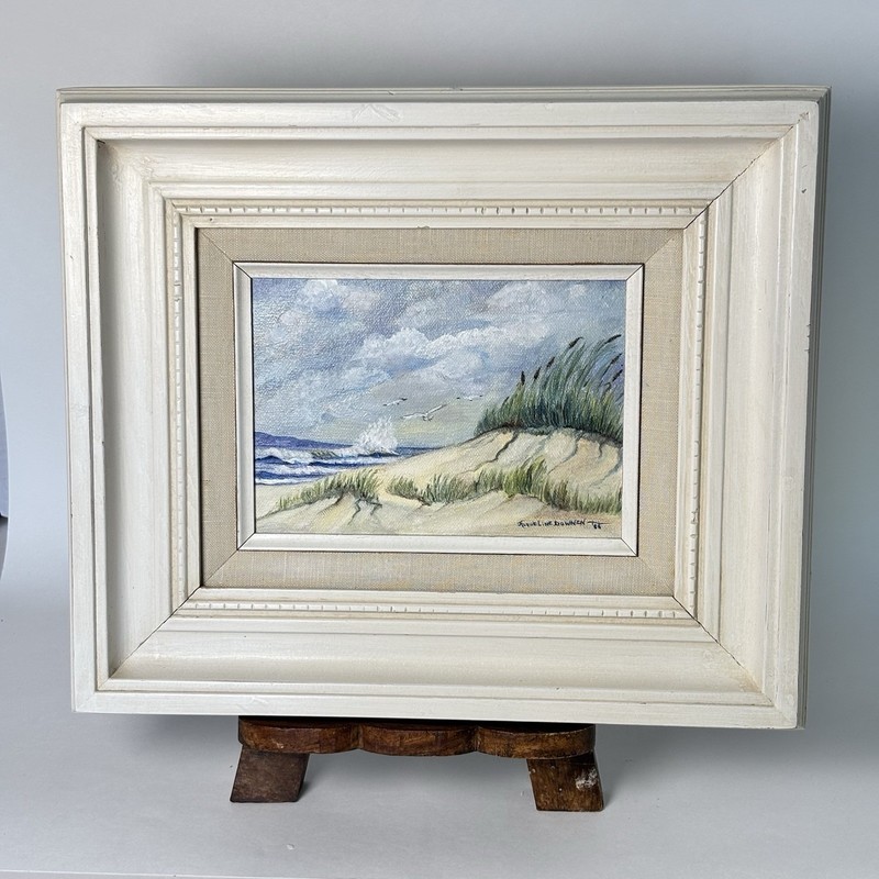 Vintage Seascape Beach Dunes Seagulls Oil Painting on Canvas Signed White Frame