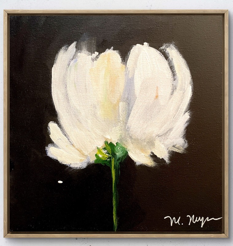 Mary Myers Original Abstract Expressionism 10×10 White Flower Dark Signed