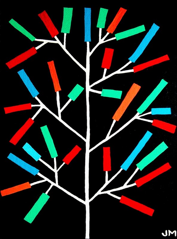 original whimsical painting 5×7″ signed folk art «The Bottle Tree»