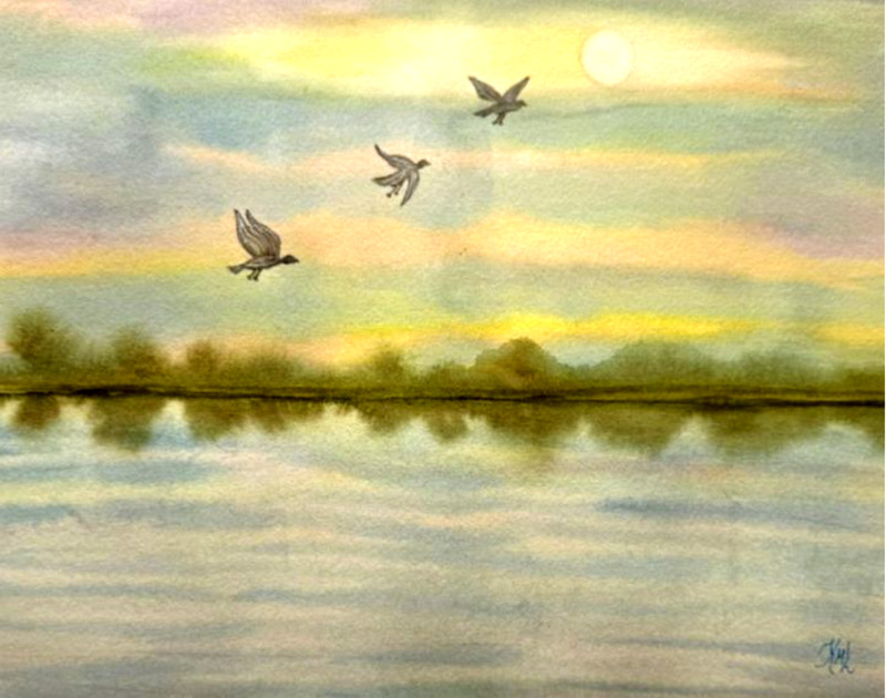 PAINTING WATERCOLOR 11X14 DOUBLE MAT 16X20 SUNRISE LAKE LANDSCAPE ORIGINAL ART