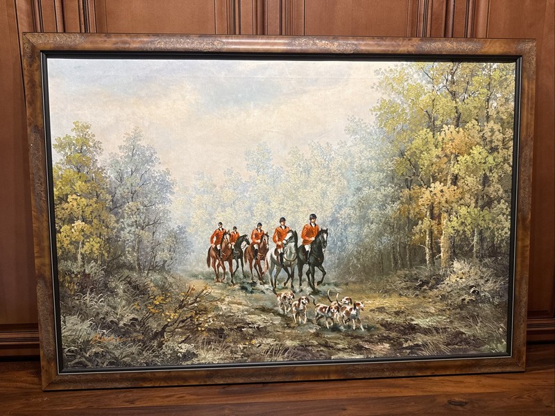 39×27 Equestrian Painting Oil On Canvas Red Coats Hunting Dogs Signed Beckmann