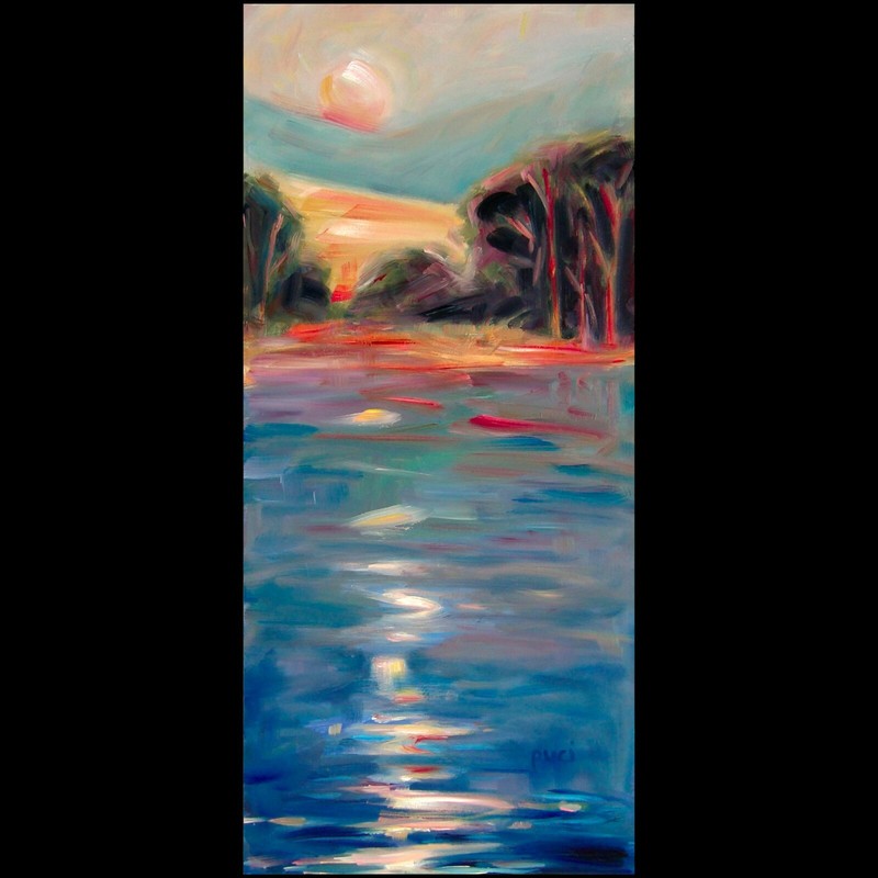 Original Oil Painting on panel, sunset moon approx 21x10x2″ YELLOWSTONE RIVER