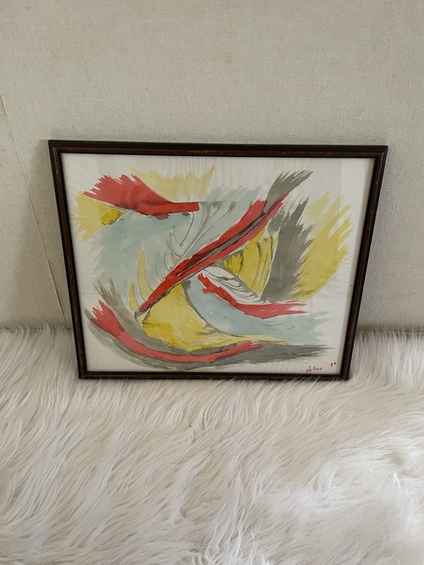 ABSTRACT modern hand painted original watercolor PAINTING Framed Signed 1980s