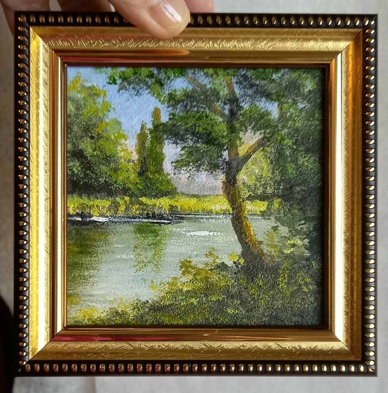 Original Oil Painting Landscape Summer Lake and Forest Framed Wall Art 4 x 4 in gallery