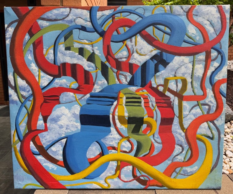 Vintage MCM Abstract Oil on Canvas Painting Modern Art Wall Hanging Mid Century