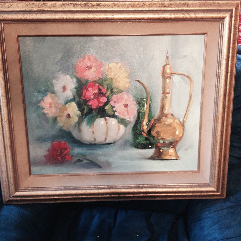 Original Still-Life «Pitcher, Bottle And Flowers» Painting -Signed And Framed