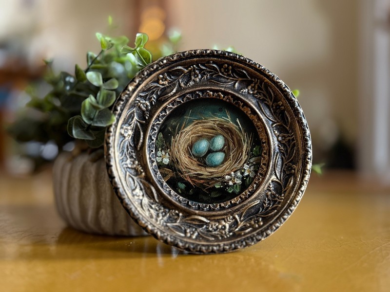 Original Oil Painting Miniature Gold Framed Bird Nest Hand Painted Art gallery