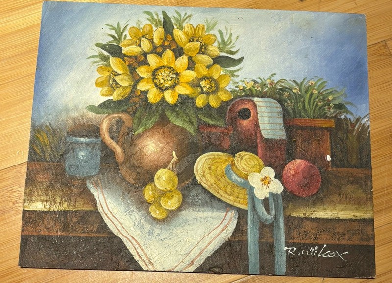 R. Wilcox Signed Sunflower Still Life Print on Wood, Horizontal Multicolor