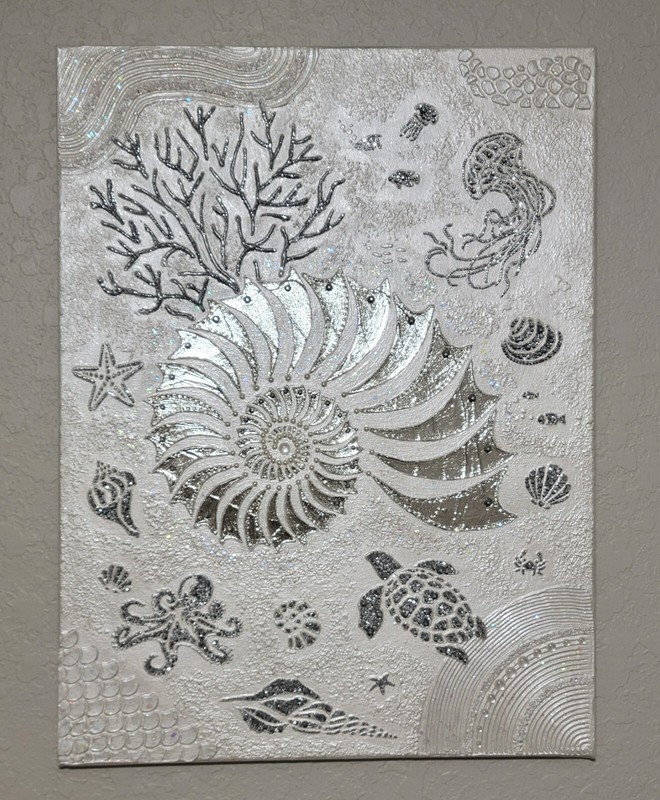 Original Canvas Painting SHELL, Silver, Glitter, Pearl, Acrylic Texture Paste gallery