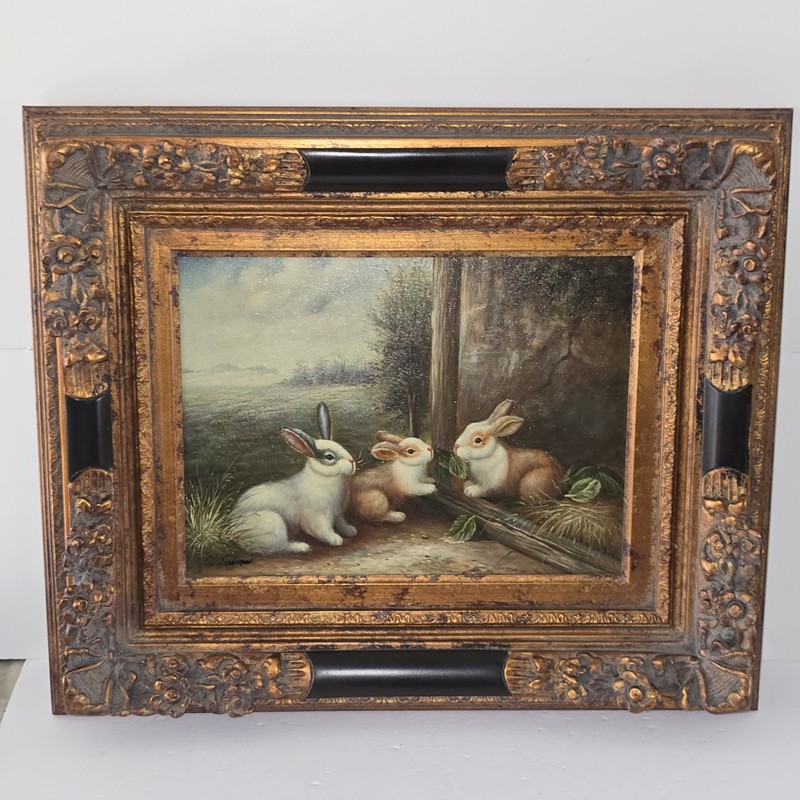 PRESTIGE ARTS Vintage 1992 Signed Rabbits Oil Painting COA Ornate Frame 21 x 25″