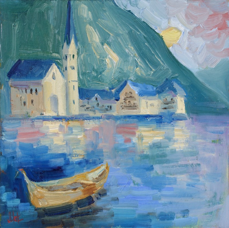 Hallstatt Austria Painting Salzburg Original Wall Art Landscape Mountain Artwork