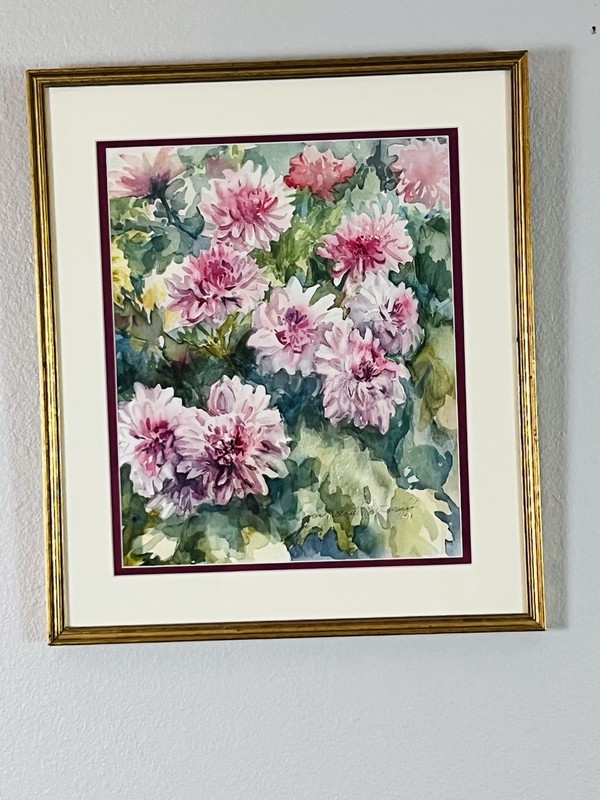 Vintage Original Watercolor Painting Gallery Framed Pink Dahlias Floral. Signed