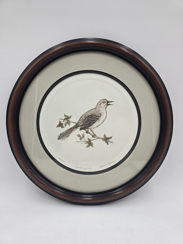 13” Round Framed Bird Wall Art Decor 36/350 MockingBird Signed