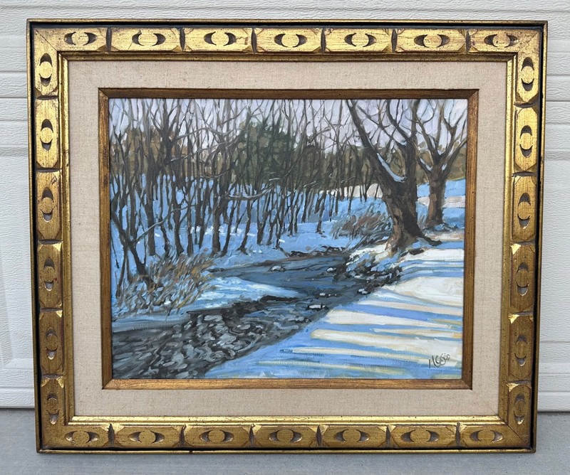 Large Framed Winter Landscape Monica Cascio Oil Painting «Dalton’s Creek» Texas
