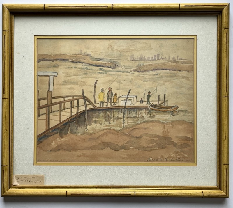 Mid Century Painting Broad Channel Long Island Jamaica Bay NYC Skyline Fishing