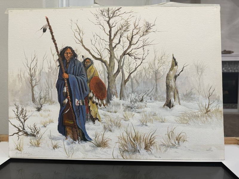 Mark Rohrig Original Painting Native American Warriors In Snow Signed 79 21x15