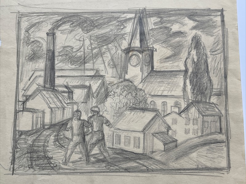 MID CENTURY DRAWING FAMOUS JO CAIN PAINTING Antique Wpa REGIONALISM Industrial gallery