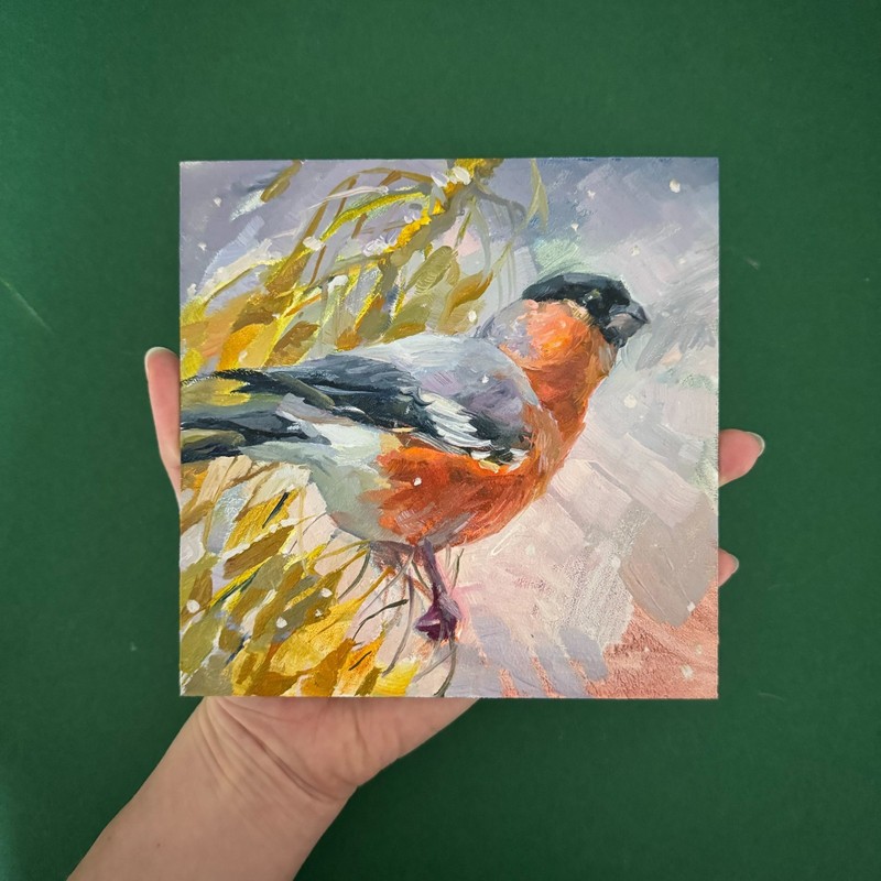 Bullfinch Bird Painting Original Small Oil Bird Artwork Bird Lover Gift 6x6 gallery