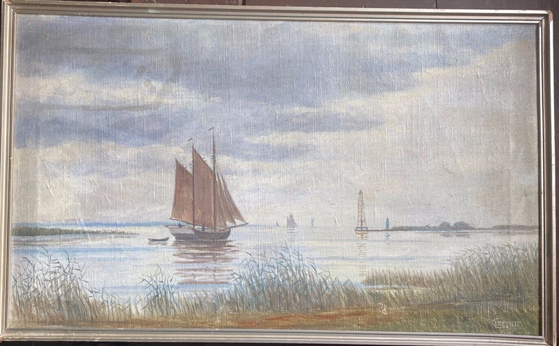 Oil painting undeutl. sign. View of sailboat at sea with lighthouse reed
