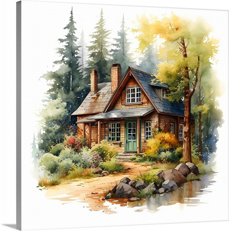 Cabin In the Woods Trees Painting Landscape Art Canvas Wrap 20 x 20 Giclee Print