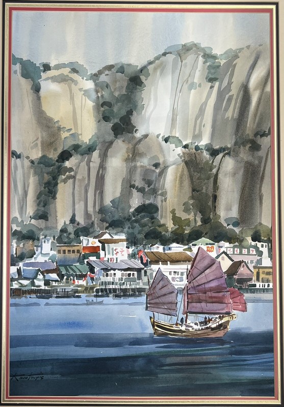 George Kountoupis Watercolor Painting Ships In Harbor Coastal Seascape Signed