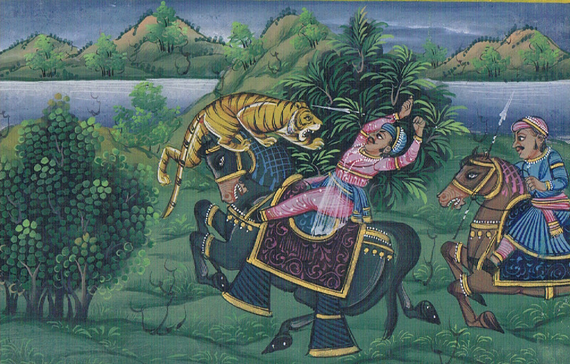 Mughal Indian Miniature Painting Of Hunting scene Tiger On Marble Plate 6x4" gallery