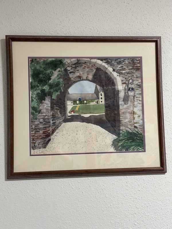 Original watercolor in a arched stone structure framed by Artist L McEvoy 1970